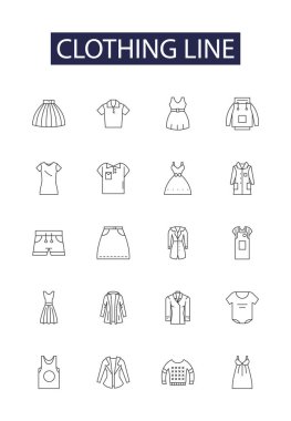 Çizgi çizgisi vektör simgeleri ve işaretleri. giysi, giysi, vektör, moda, set, simge, gömlek, kumaş vektör çizimi