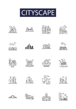 Şehir çizgisi vektör simgeleri ve işaretleri. Skyline, Landmark, Facade, Architecture, View, Vibe, Metropolis, vektör çizim çizimi seti
