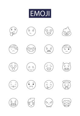 Emoji çizgi vektör simgeleri ve işaretleri. Smiley, İfade, Karakter, Unicode, Face, Symbol, Emoticon, Grafik vektör ana hatları çizimi