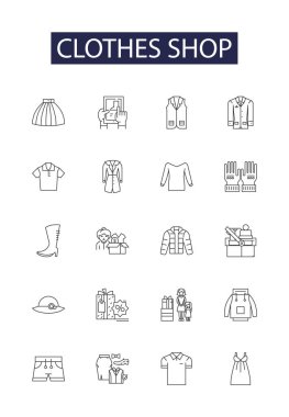 Giysi mağazası vektör simgeleri ve tabelaları. moda, giyim, perakende, mağaza, kıyafet, butik, satış, kadın vektör çizelgesi çizimi