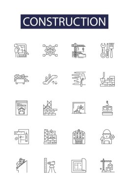 Construction line vector icons and signs. Masonry, Design, Renovation, Civil, Engineering, Concrete, Architecture, Material vector outline illustration set clipart