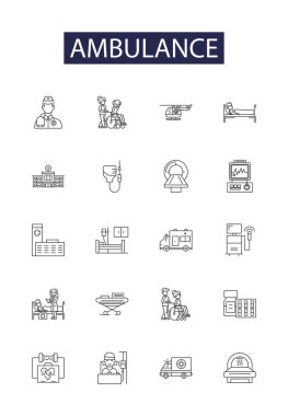 Ambulans hattı vektör simgeleri ve tabelaları. Kurtarma, Acil Durum, Amenite, Yanıt, Ulaşım, Yardım, Hız, Siren vektör çizelgesi çizimi