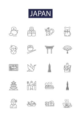 Japonya çizgi vektör simgeleri ve işaretleri. Tokyo, Sushi, Geyşa, Budizm, Kyoto, Yokohama, Anime, İmparator vektör çizimi