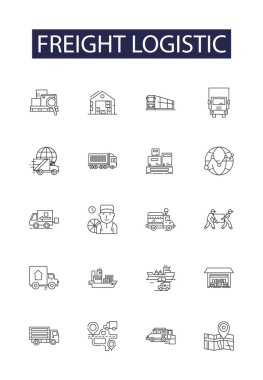 Nakliye hattı vektör simgeleri ve işaretleri. Lojistik, Ulaşım, Teslimat, Nakliye, Kargo, Lojistik, Nakliye, Hava Taşımacılığı, Taşımacılık taşıyıcı vektör çizimi