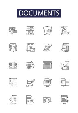 Belgeler çizgi vektör simgeleri ve işaretleri. Formlar, Kayıtlar, Planlar, Raporlar, Dosyalar, Protokoller, Anlaşmalar, Günlükler vektör ana hatları çizimi