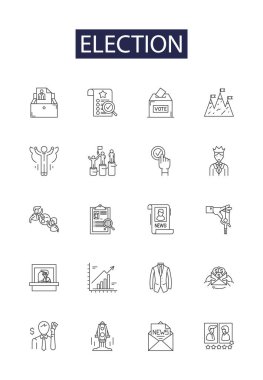 Seçim çizgisi vektör simgeleri ve işaretleri. Anket, Kampanya, Oy pusulası, Aday, Popülerlik, Zafer, Sonuç, Hizmet vektör çizelgesi