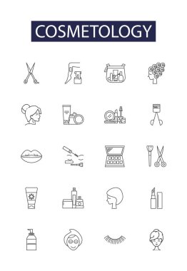 Kozmetik çizgisi vektör simgeleri ve işaretleri. Salonlar, makyaj, estetik, kaplıcalar, tedaviler, estetikçiler, manikürler, pedikür vektör çizimi çizimleri
