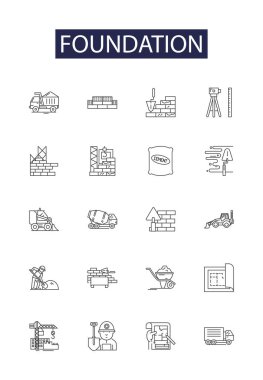 Foundation line vector icons and signs. Institution, Support, Vessel, Building, Platform, Origin, Idea, Crux vector outline illustration set clipart