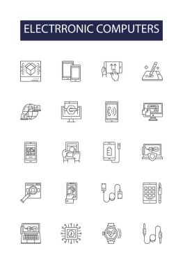 Elektronik bilgisayarlar vektör simgeleri ve işaretler çiziyor. bilgisayarlar, bilgisayarlar, dijital, aygıtlar, işleme, donanım, veri, yazılım vektör özeti çizimi