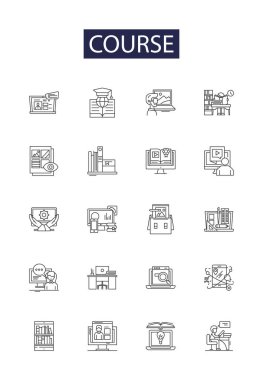 Course line vector icons and signs. Class, Training, Semester, Program, Curriculum, Module, Workshop, Teachings vector outline illustration set clipart