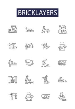 Bricklayers line vector icons and signs. Bricklayers, Brickies, Trowelers, Wallers, Tilers, Layer-ups, Renderers, Stackers vector outline illustration set clipart