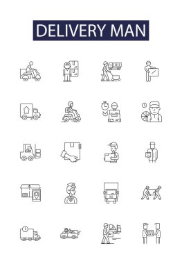 Teslimatçı çizgi vektör simgeleri ve işaretleri. Kurtarıcı, Taşıyıcı, Haberci, Postacı, Sürücü, Denizci, Ekspres, Teslimatçı vektör çizimi