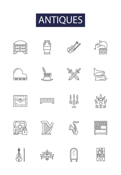 Antiques Line Vector Icons Signs Antique Collectibles Heirlooms Memorabilia Furniture — Stock Vector