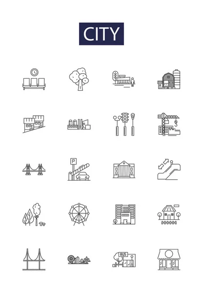 City Line Vector Icons Signs Municipality Metropolis Urban Settlement Conurbation — Stock Vector