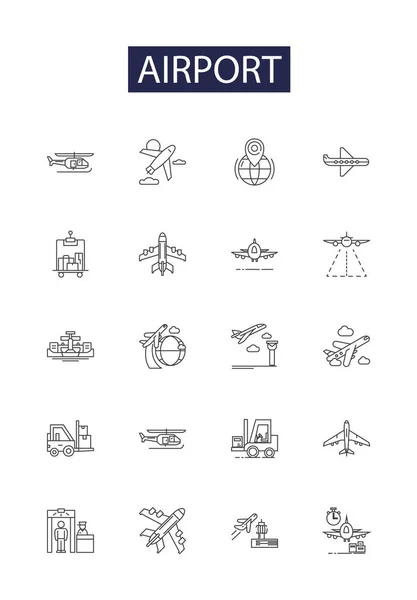 Línea Del Aeropuerto Vector Iconos Signos Terminal Aeronaves Vuelo Cielo — Vector de stock