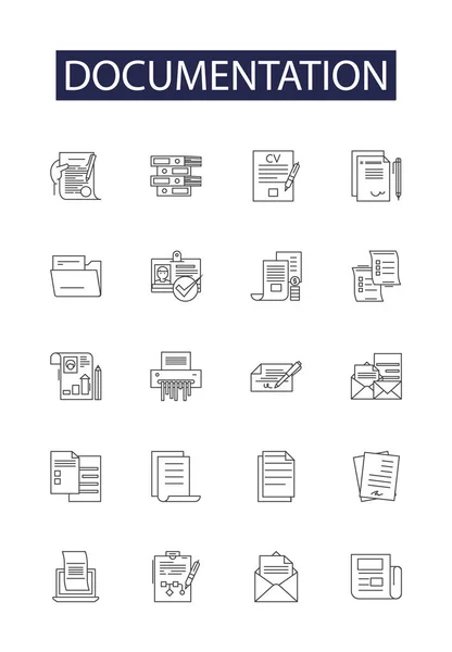 Documentación Línea Vectorial Iconos Signos Documentos Informes Manuales Instrucciones Evidencia — Archivo Imágenes Vectoriales