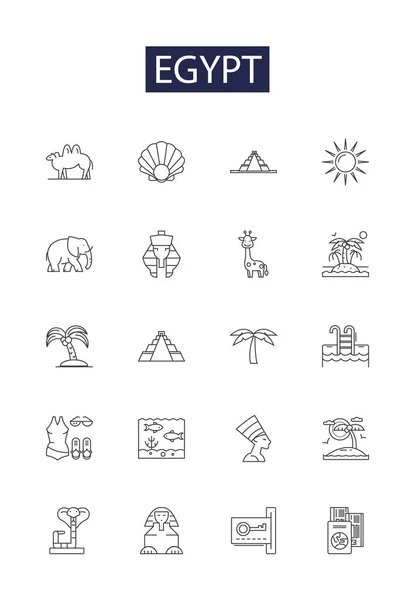 Icônes Signes Vectoriels Ligne Egypte Pyramides Pharaons Nil Caire Gizeh — Image vectorielle