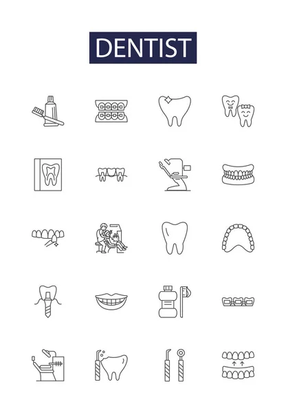 Zahnarzt Linienvektorsymbole Und Zeichen Kieferorthopädie Zahnbelag Diagnose Zahnhygieniker Zahnzwischenraum Behandlungsvektorskizzen — Stockvektor