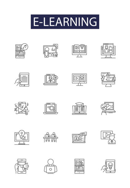 E learning line vector icons and signs. internet, computer, online, laptop, school, technology, student,e-learning vector outline illustration set