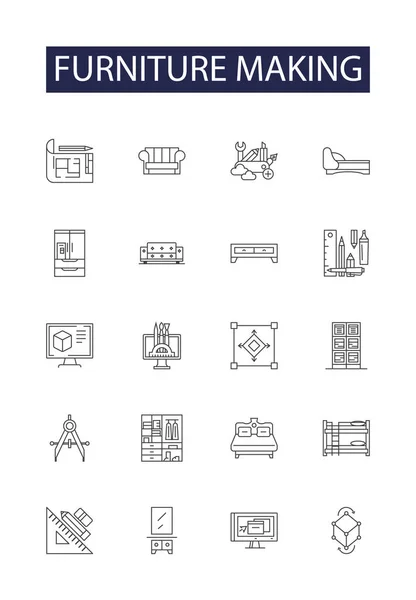 Muebles Haciendo Iconos Vectoriales Línea Signos Carpintería Ebanistería Fresado Acabado — Archivo Imágenes Vectoriales