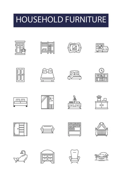 Household Furniture Line Vector Icons Signs Couch Chairs Tables Dresser — Stock Vector