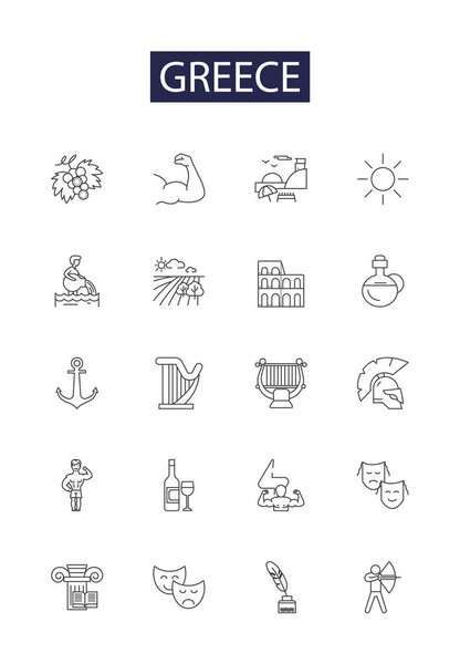 Greece line vector icons and signs. Aegean, Peloponnese, Athenian, Acropolis, Mycenaean, Olympus, Parthenon, Cycladic vector outline illustration set