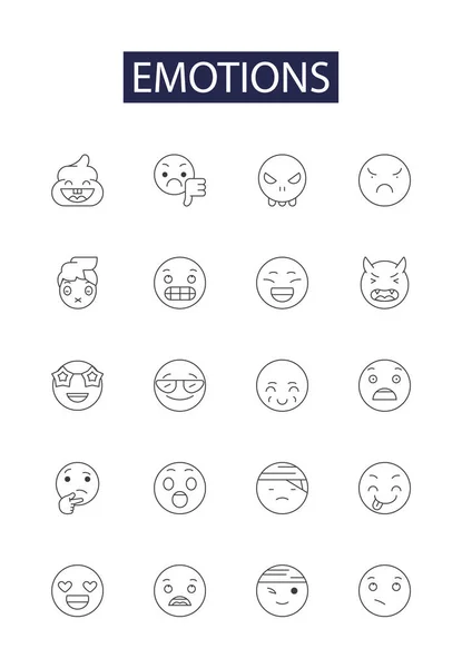 Лінійні Векторні Ікони Знаки Емоцій Радість Страх Любов Ненависть Тривога — стоковий вектор