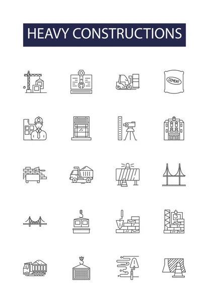 Важкі Конструкції Лінії Векторні Піктограми Знаки Важкі Будівлі Мости Споруди — стоковий вектор