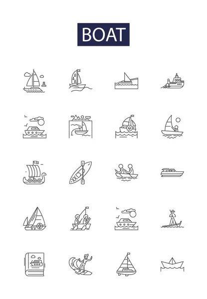 Línea Barco Vector Iconos Signos Embarcación Barco Bote Auxiliar Canoa — Archivo Imágenes Vectoriales
