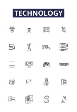 Teknoloji çizgisi vektör simgeleri ve işaretleri. dijital, iş, takım çalışması, iki, takım, başlangıç, toplantı, bilgisayar vektör çizelgesi çizimi
