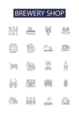 Birahane çizgisi vektör simgeleri ve tabelaları. Dükkan, Bira, Alkol, İçki Fabrikası, Bira Barı, Hops, Tahıl, Ferment vektör çizimi