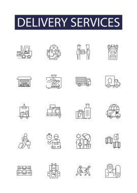 Servis servis hattı vektör simgeleri ve işaretleri. Nakliye, Lojistik, Paket, Servis, Teslimat, Hızlı, Teslimat, Taşıyıcı vektör çizelgesi çizimi