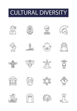 Kültürel çeşitlilik çizgisi vektör simgeleri ve işaretleri. birlikte, insanlar, sosyal, kültür, iş, konsept, çeşitlilik, topluluk vektör ana hatları çizimi