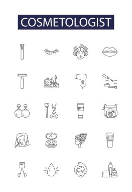 Kozmetolog çizgisi vektör simgeleri ve işaretleri. Kuaför, berber, stilist, estetikçi, makyöz, manikür, yüz bakımı, ağda vektör çizimi