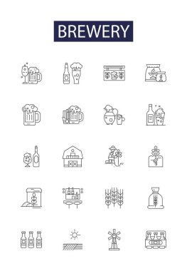 Bira fabrikası çizgi vektör simgeleri ve işaretleri. Malt, Bira, Damıtma, Ferment, Bira, Hops, Fıçı, Lager vektör çizelgesi çizimi