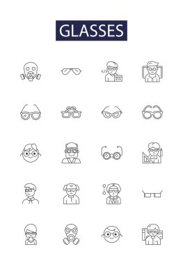Gözlük çizgisi vektör simgeleri ve işaretleri. Gözlük, Gözlük, Mercek, Gölge, Gözlükçüler, Gözlükçüler, Çerçeve, Gözlük vektör çizimi çizimi