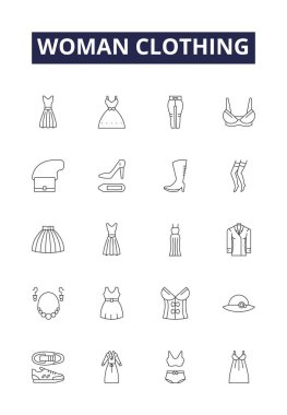 Kadın giyim çizgisi vektör simgeleri ve tabelaları. Etekler, Pantolonlar, Bluzlar, Toplar, Kotlar, Gömlekler, Kardiganlar, Ceket vektör çizimi