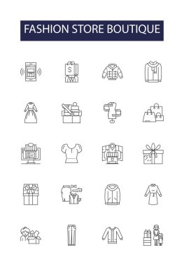Moda mağazası butik çizgi vektör simgeleri ve tabelaları. butik, dükkan, perakende, moda, giyim, giysi, iş yeri, modaya uygun vektör çizim seti
