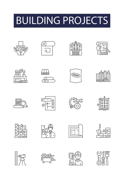 Building Projects Line Vector Icons Signs Architecture Development Fabrication Engineering — Stock Vector