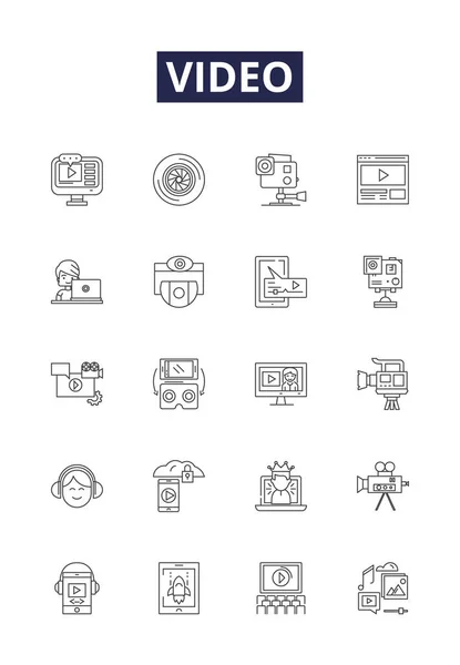 Video Line Vector Icons Signs Streaming Clips Motion Recording Surfing — Stock Vector