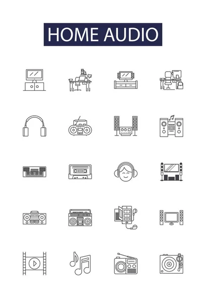 Inicio Línea Audio Vector Iconos Signos Música Receptor Estéreo Amplificador — Archivo Imágenes Vectoriales