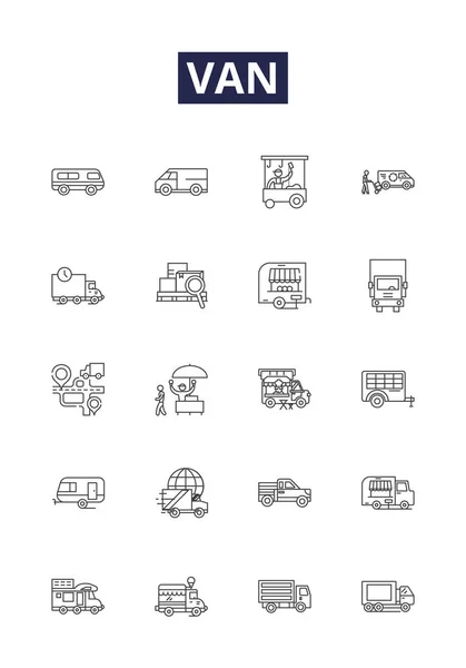 Van Línea Vectorial Iconos Signos Vehículo Autos Carga Entrega Minivan — Archivo Imágenes Vectoriales
