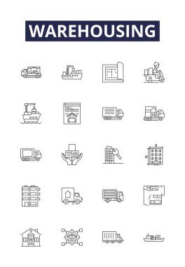 Depolama hattı vektör simgeleri ve işaretleri. Dağıtım, Envanter, Paketleme, Lojistik, Yeniden Depolama, Otomasyon, Gözaltı, Uygulama vektör çizimi