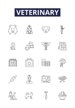 Veterinerlik çizgisi vektör simgeleri ve işaretleri. Hayvanlar, Veterinerler, Bakım, Evcil Hayvanlar, Tıp, Hayvan, Cerrahi, Tedavi vektör çizelgesi