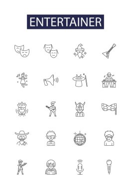 Eğlence hattı vektör simgeleri ve işaretleri. Sanatçı, mizahçı, eğlendirici, Komedyen, Palyaço, Aktör, Müzisyen, Sözcü vektör çizimi