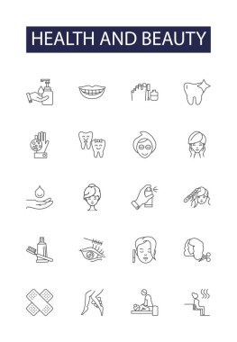 Sağlık ve güzellik çizgisi vektör simgeleri ve işaretleri. Kozmetik, Hijyen, Fitness, Beslenme, Cilt Bakımı, Spa, Egzersiz, Aromaterapi vektör çizimi