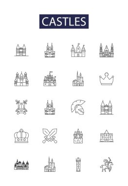 Kale çizgisi vektör simgeleri ve işaretleri. Mimari, bina, eski, fantezi, ortaçağ, kule, masal, saray vektör çizim çizimi