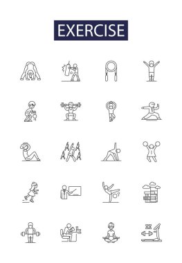 Çizgi vektör simgeleri ve işaretleri çalıştırın. Egzersiz, Spor Salonu, Spor Salonu, Aerobik, Koşu, Eğitim, Pilates vektör çizimi