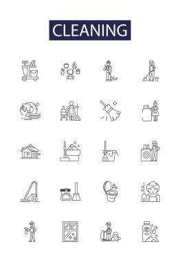 Temizleme çizgisi vektör simgeleri ve işaretleri. Yıkama, Temizleme, Temizleme, Temizleme, Temizleme, Süpürme, Moping, Cilalama vektör çizimi