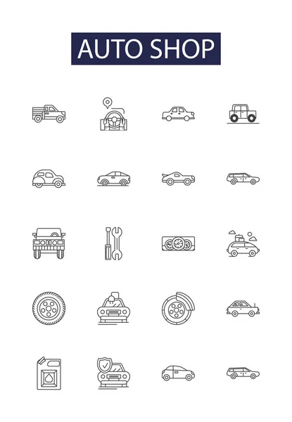 Лінійні Векторні Ікони Знаки Автомагазину Tyre Workshop Auto Car Mechanic — стоковий вектор